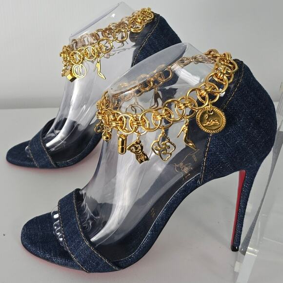 Christian Louboutin Gourmi Sandal 100 Denim Gold Charm Anklet Heel 39 w/ Box - Picture 12 of 16